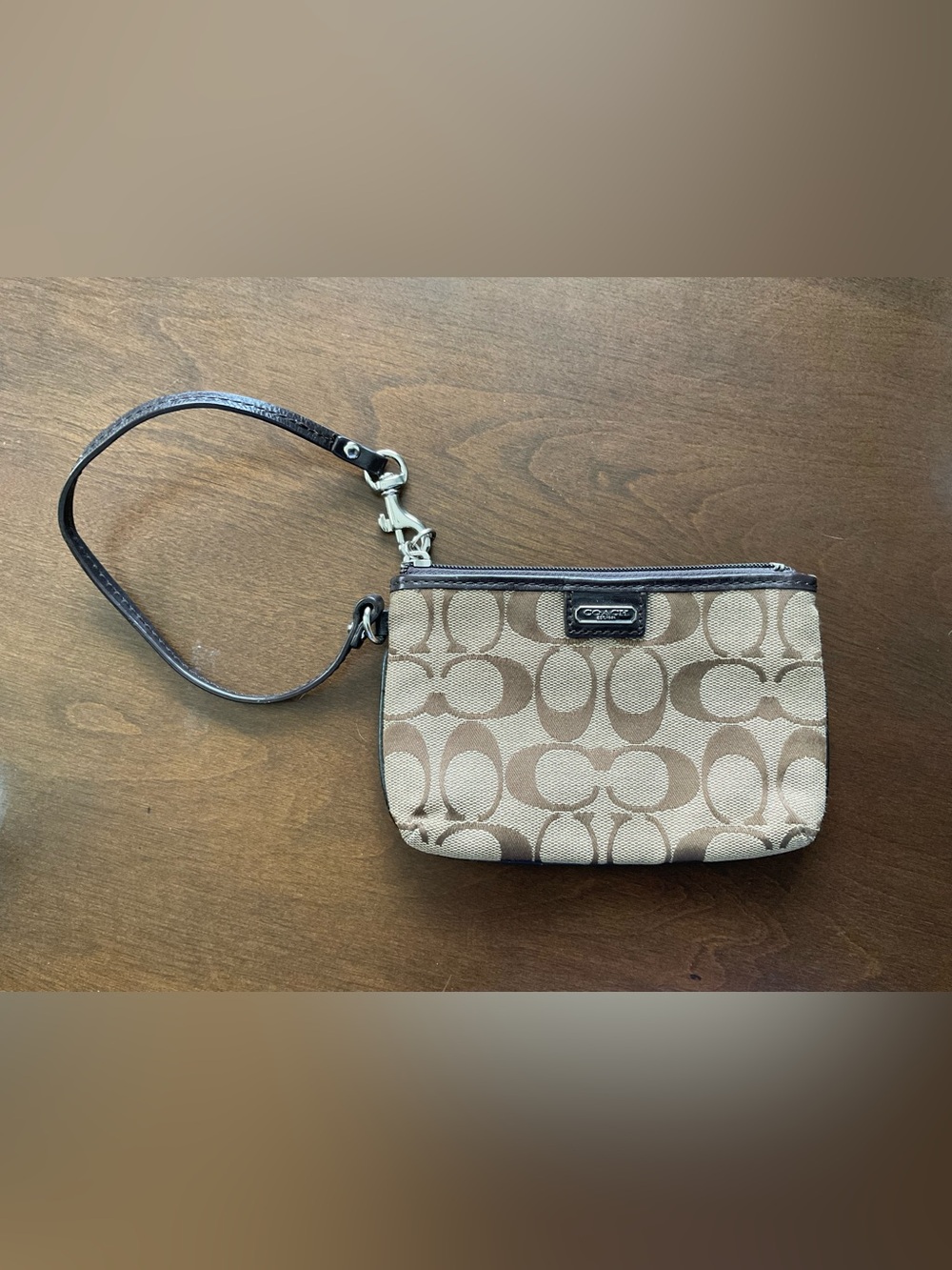 Coach Beige and Brown Signature Canvas Wristlet
